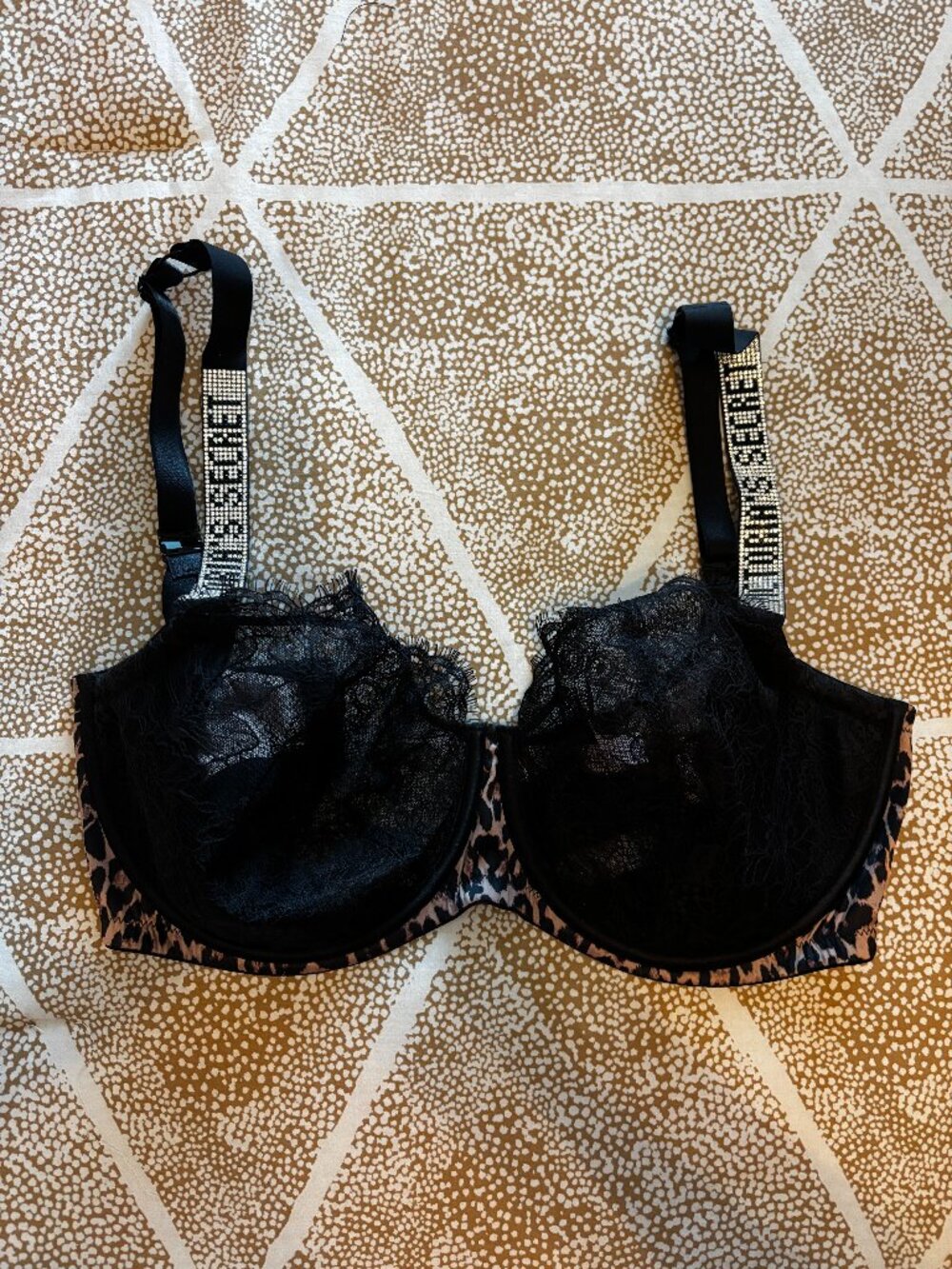 Victoria's Secret Black Lace & Leopard Print Bra w/ Logo Sequin Straps 38DDD